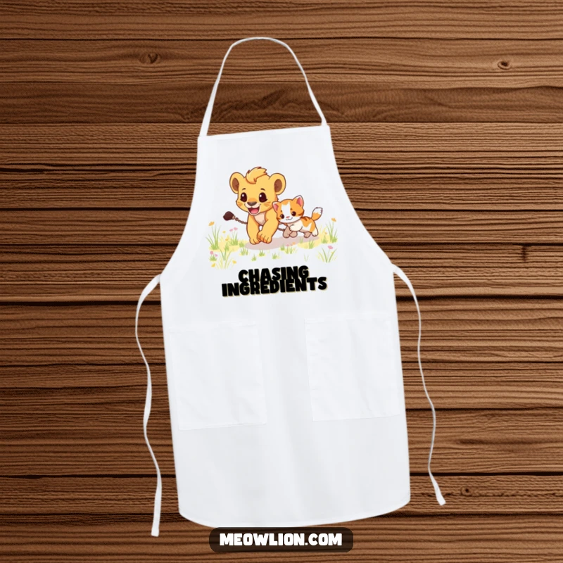 Funny apron depicting a lion cub energetically chasing a small kitten through a field, perfect for a humorous cook.