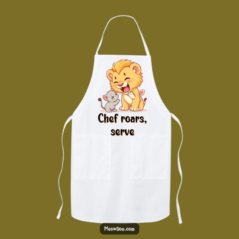 Funny Lion Cub Roaring at Kitten Apron: Brave Kitchen Wear, Hilarious Gift