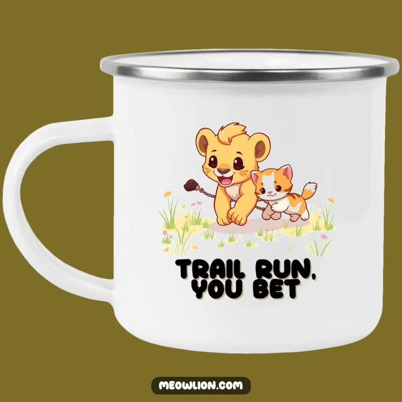 Funny Lion Cub Chasing Kitten Camping Mug: Adventure Fun, Hilarious Gift