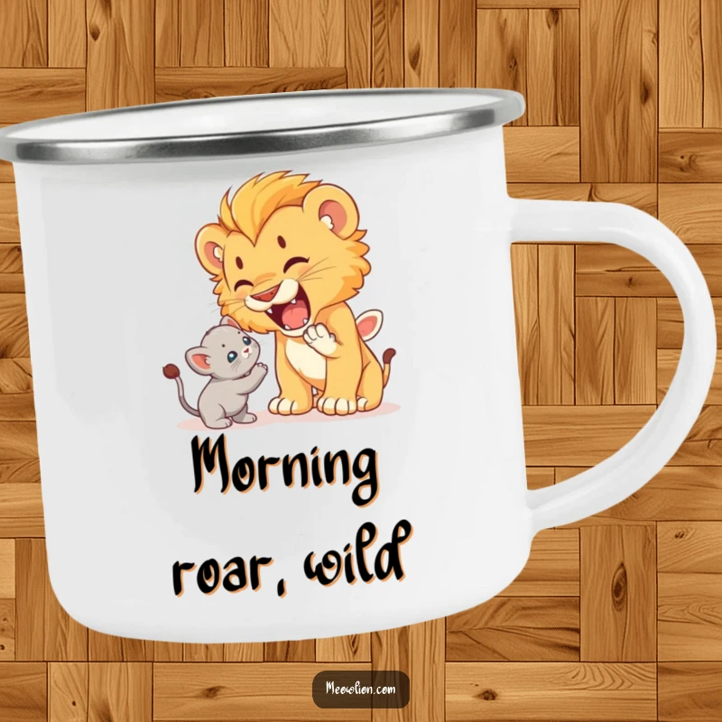 Funny camping mug showing a cute lion cub roaring playfully at a startled but unafraid kitten, ideal for outdoor humor.