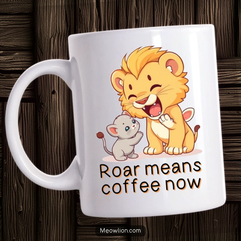 Funny mug depicting a cute lion cub playfully roaring at a startled but unafraid kitten, capturing a humorous encounter.
