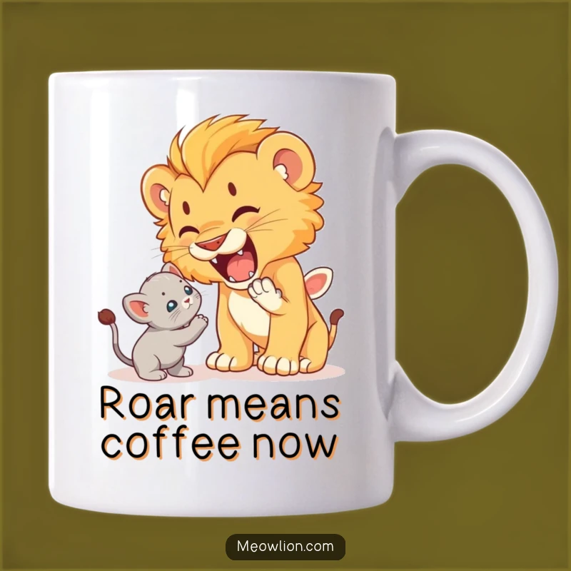 Funny Lion Cub Roaring at Kitten Mug: Brave Cat Humor, Perfect Gift