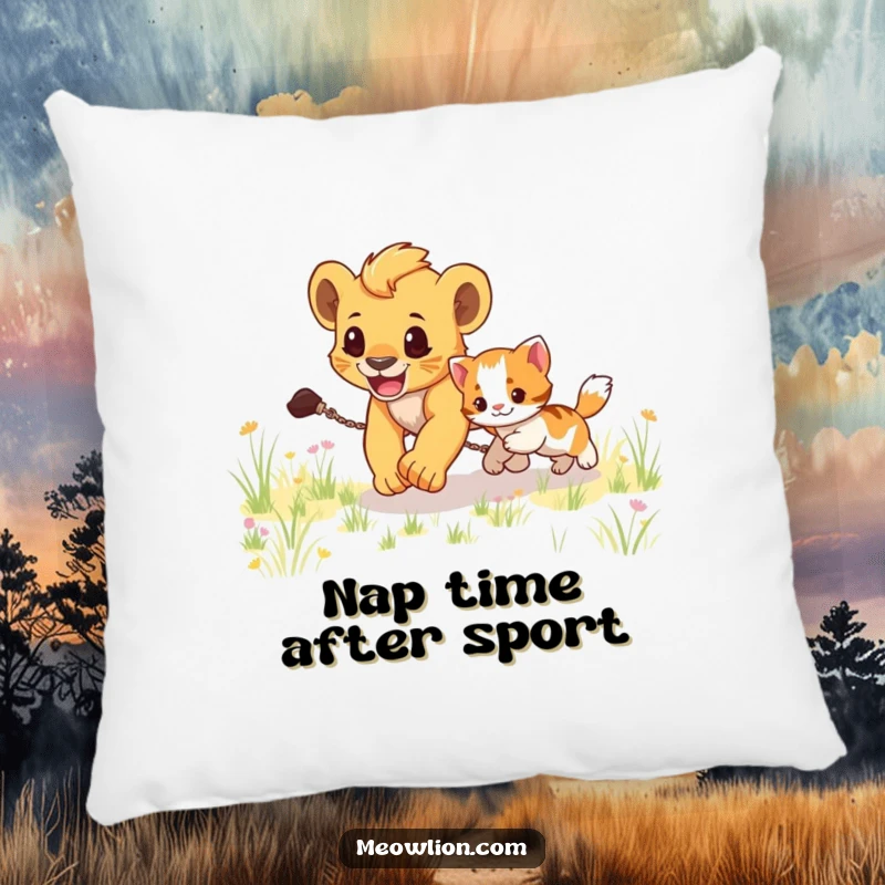 Funny pillow with a small lion cub energetically chasing a playful kitten across a grassy field, soft and humorous.