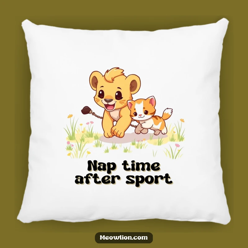 Funny Lion Cub Chasing Kitten Pillow: Playful Comfort, Cute Home Gift