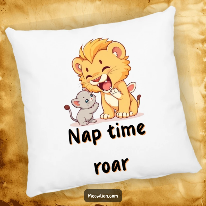 Funny pillow with a cute lion cub playfully roaring at a startled but unafraid kitten, soft and humorous.