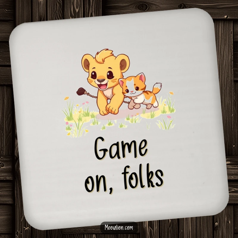 Funny drink coaster depicting a lion cub energetically chasing a kitten through a grassy field, adding humor to tables.