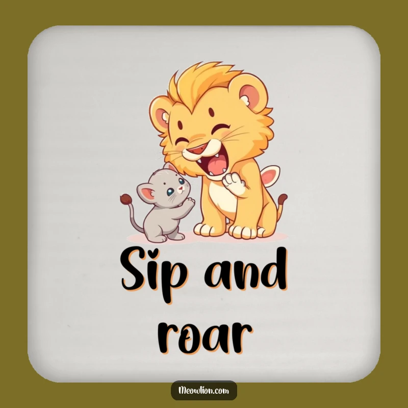 Funny Lion Cub Roaring at Kitten Coaster: Brave Drink Accessory, Hilarious Gift