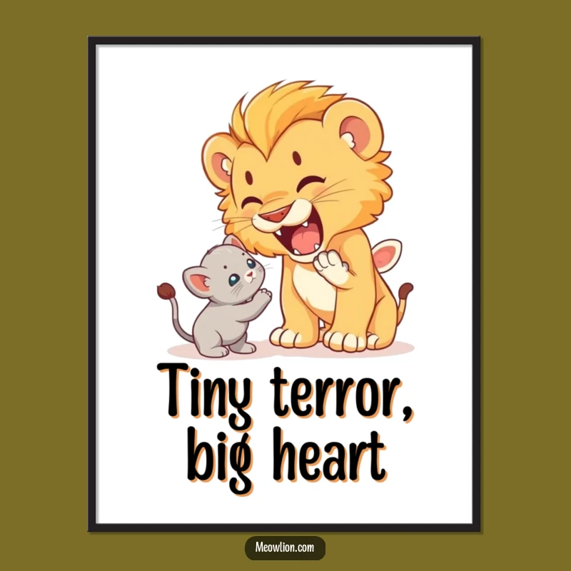 Funny Lion Cub Roaring at Kitten Poster: Brave Wall Art, Hilarious Gift