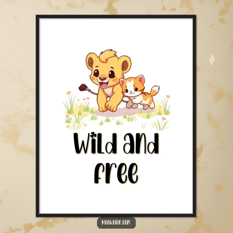 Funny poster illustrating an energetic lion cub playfully chasing a small kitten through a wide, grassy field, full of motion.
