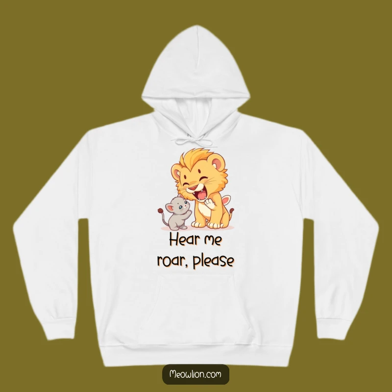 Funny Lion Cub Roaring at Kitten Hoodie: Cozy Brave Sweatshirt, Hilarious Gift