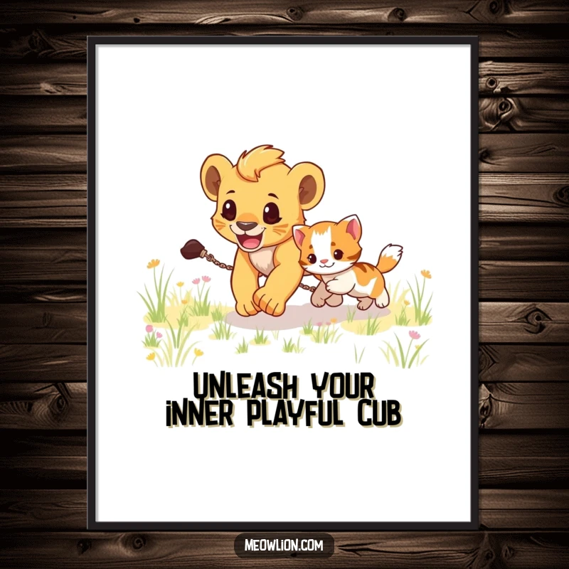 Funny Free Printable Wall Art: Energetic lion cub joyfully chasing a small kitten through a vibrant grassy field, captured in a moment of play.