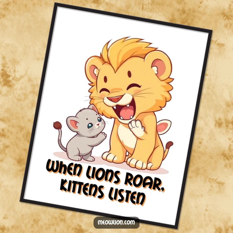 Funny Free Printable Wall Art: Cute lion cub playfully roaring at a startled but unafraid kitten, creating a humorous and dynamic scene.