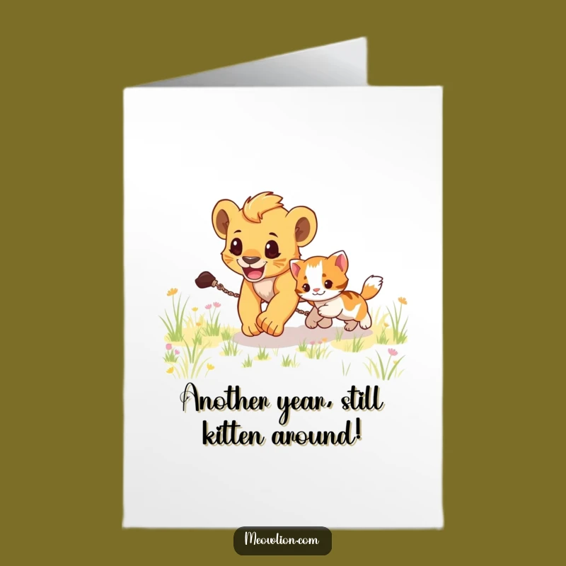 Free Printable Birthday Card: Lion Cub Chasing Kitten, Fun Downloadable Gift for a Wild Celebration