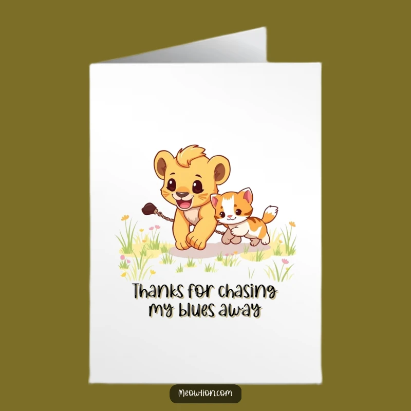 Free Printable Thank You Card: Kitten & Lion Cub Chase, Funny Downloadable Gift of Gratitude