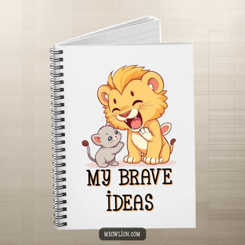 Funny notebook cover featuring a cute lion cub roaring playfully at a startled but unafraid kitten, inspiring bold ideas.