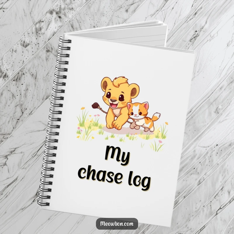 Funny notebook cover featuring an energetic lion cub chasing a playful kitten across a grassy field, inspiring creativity.