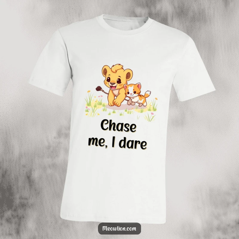 Funny t-shirt showing an energetic lion cub playfully chasing a tiny kitten across a grassy field, a humorous animal scene.