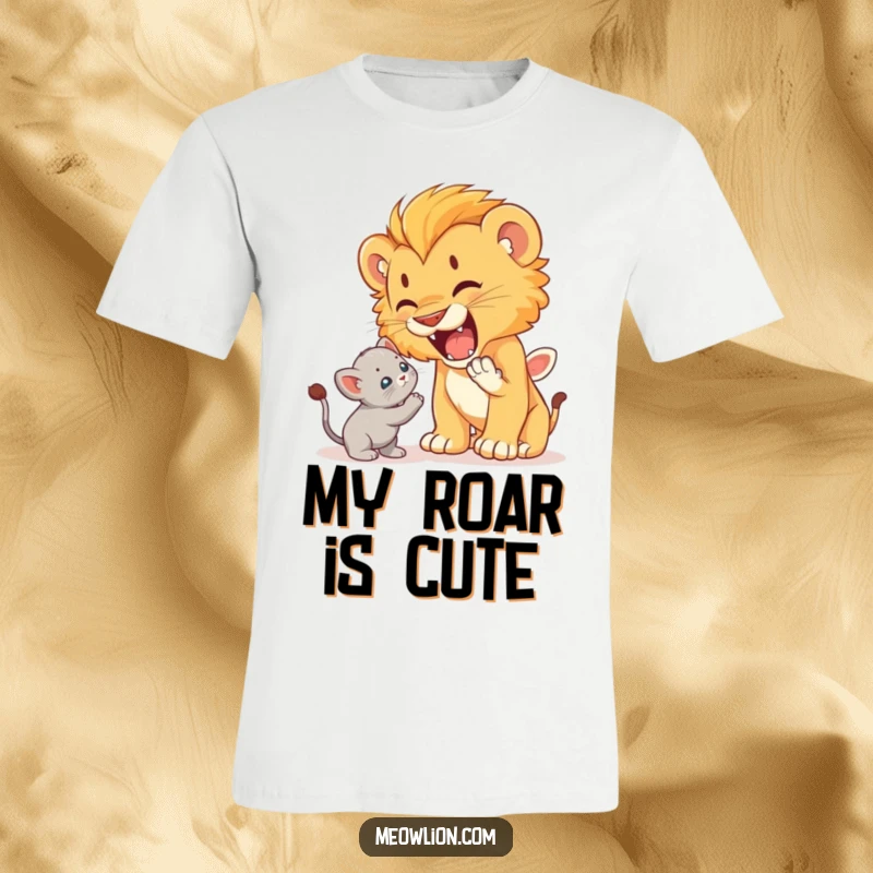 Funny t-shirt design of a cute lion cub roaring playfully at a startled yet unafraid kitten, a humorous interaction.