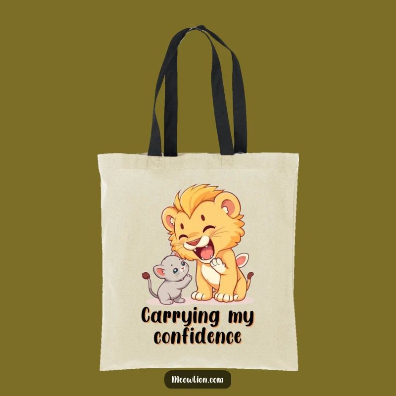 Funny Lion Cub Roaring at Kitten Tote Bag: Brave Carry-All, Hilarious Gift