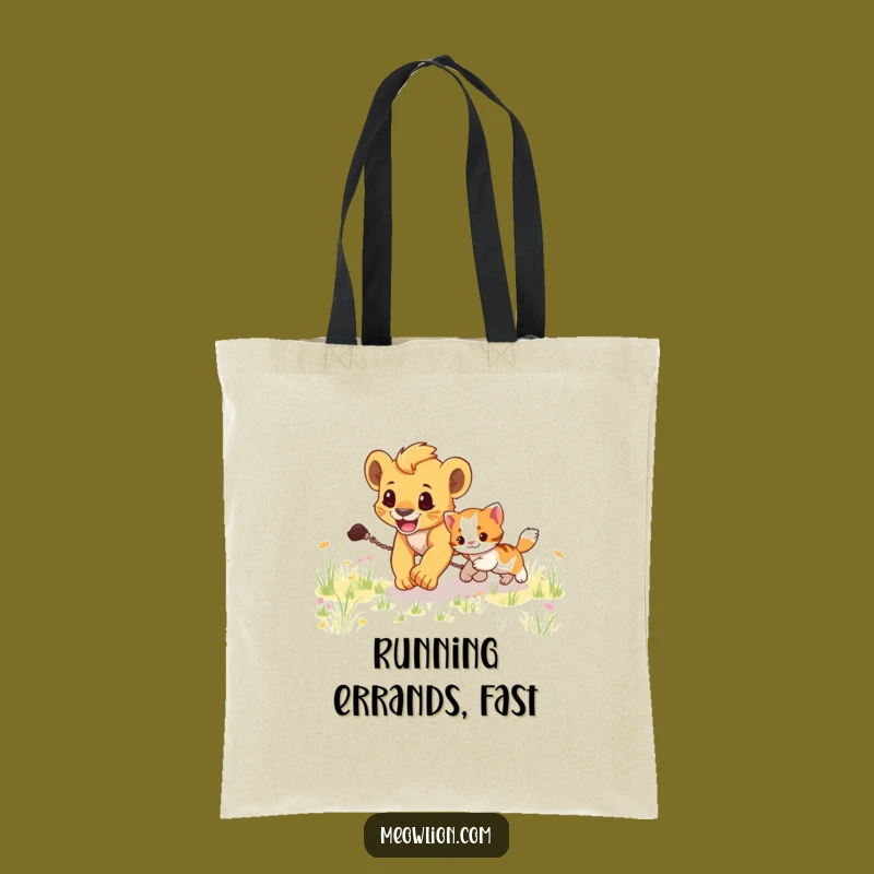 Funny Lion Cub Chasing Kitten Tote Bag: Playful Animal Carry-All, Gift
